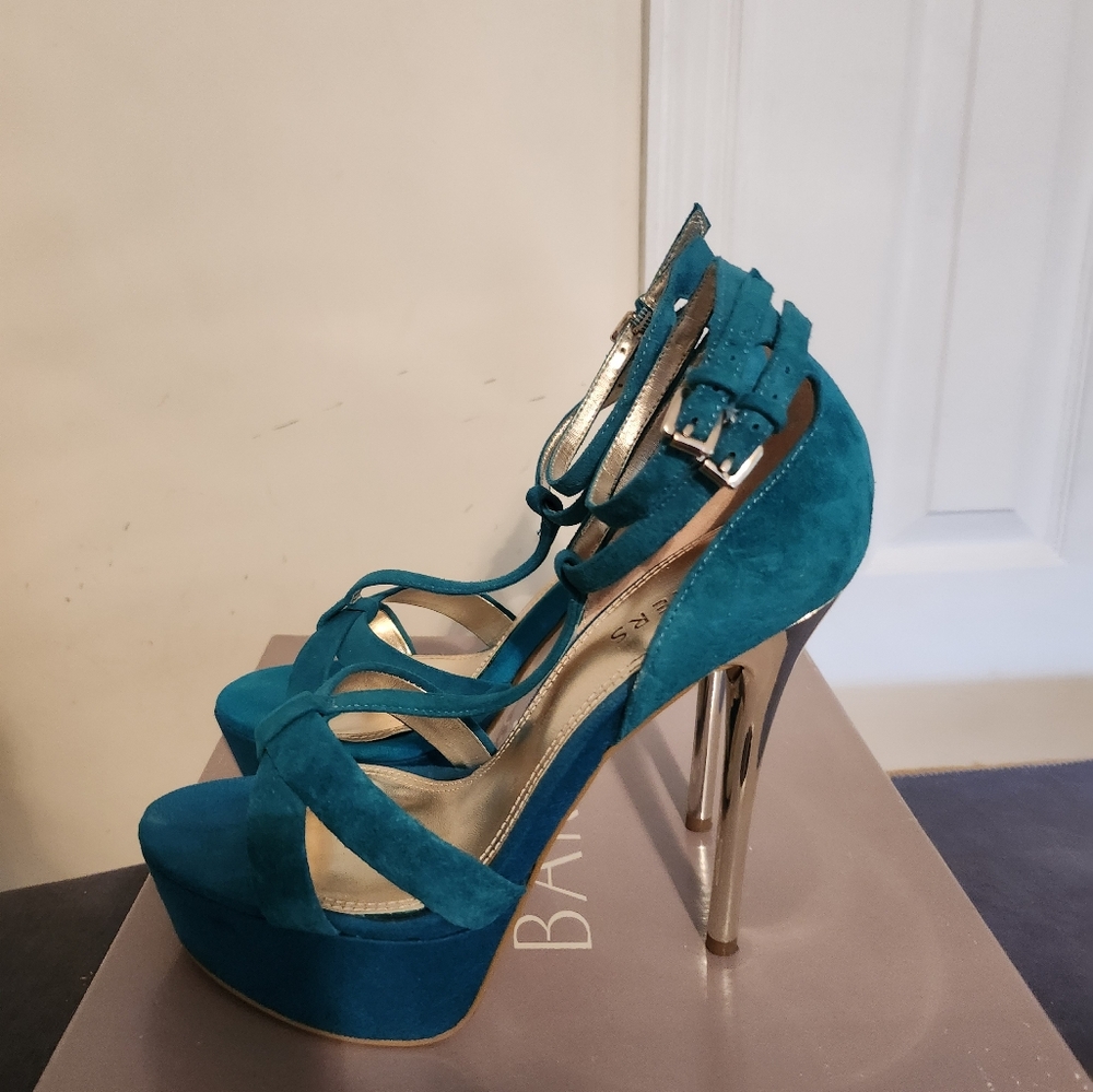 Teal Suede High Heel Sandal with Gold Heel - Picture 2 of 6